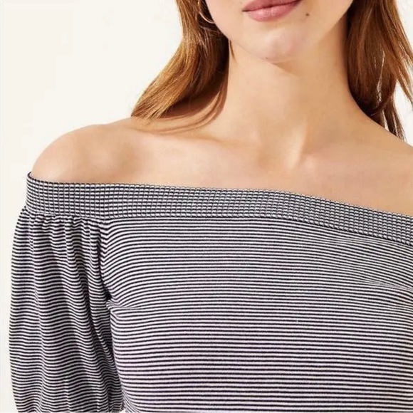 NEW LOFT Off Shoulder Knit Top Womens Large XL White Blue Striped Casual - Picture 3 of 8